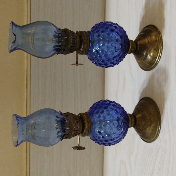 Vintage Mini Cobalt Blue Hobnail Oil Lamp with Hand Blown Chimney - Picture 5 of 5